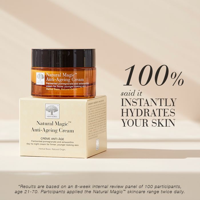 Natural Magic™ Anti-Ageing Cream displayed on a light background with text 100% said it instantly hydrates the skin.
