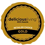 Awardbadge met tekst Delicious Living Awards 2024 Retailer Choice Gold.