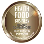 Awardbadge met tekst Health Food Business Highly Commended Best Beauty & Bodycare.