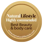 Awardbadge met tekst Natural Lifestyle Highly Commended Best Beauty & Body Care.
