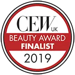 Awardbadge met tekst CEW UK Beauty Awards 2019 – Finalist