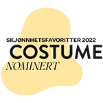 Awardbadge met tekst Costume Skjønnhetsfavoritter 2022 nominatie met gestileerde grafische achtergrond.