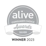 Alive Consumer Choice Awards zilveren winnaar badge met tekst winnaar 2023.