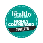 Badge van The Healthy Awards 2018 met vermelding highly commended in de supplementencategorie.