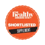 Badge van The Healthy Awards 2018 met shortlist vermelding in de supplementencategorie.