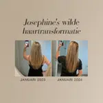 Voor en na beeld van Josephine’s haartransformatie van januari 2023 tot januari 2024, met zichtbaar langer en voller haar.