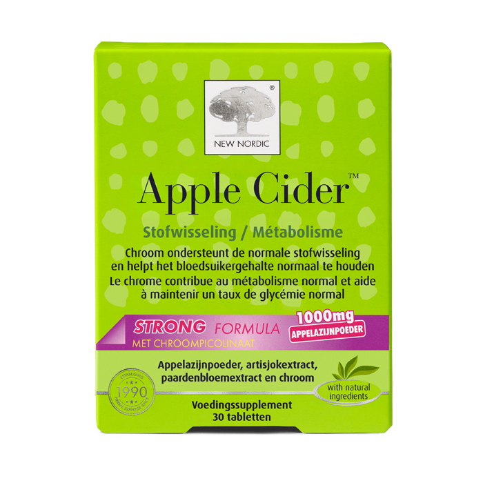 di_webpackshot_applecider_strongformula_60_NL Apple Ciderâ„¢ verpakking met appelazijnpoeder en chroom, helpt een normale stofwisseling en een normale bloedsuikerspiegel te behouden.