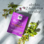Blue Berry Eyebright™ verpakking met bosbessentakken en de tekst Slechts 2 tabletten per dag.