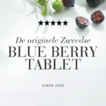 Bosbessen en de tekst De originele Zweedse Blue Berry Tablet, sinds 2000, met vijf sterren.