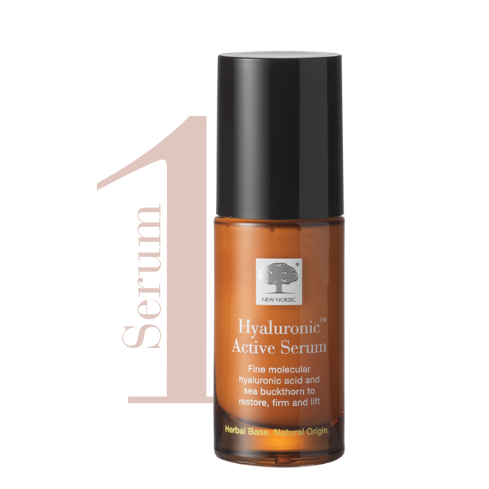 Hyaluronic Active™ Eye Cream weergegeven als stap 1 in een huidverzorgingsroutine, helpt de huid rond de ogen te hydrateren.