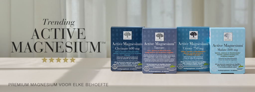 Banner met ons volledige trending Active Magnesium assortiment. Premium magnesiumproducten voor dagelijkse gezondheid