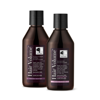 Hair Volume™ shampoo en conditioner flessen, helpen het haarvolume te behouden en het haar te verzorgen.