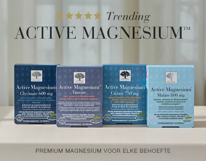 Banner met ons volledige trending Active Magnesium assortiment. Premium magnesiumproducten voor dagelijkse gezondheid
