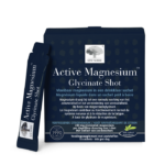 Active Magnesium™ Glycinate Shot verpakking met drinkklare magnesium sachets, helpt het behoud van spier- en zenuwfunctie.