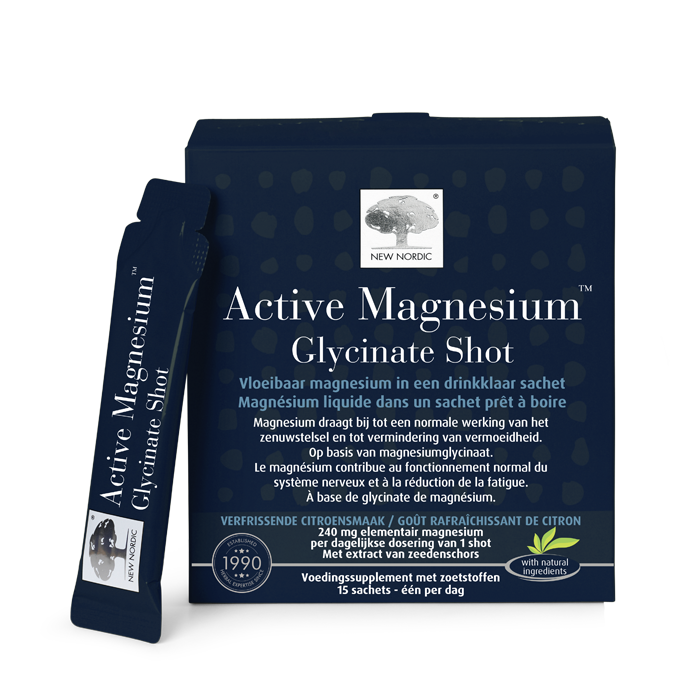di_webpackshot_ActiveMagnesiumGlycinateShot_NL Active Magnesiumâ„¢ Glycinate Shot verpakking met drinkklare magnesium sachets, helpt het behoud van spier- en zenuwfunctie.