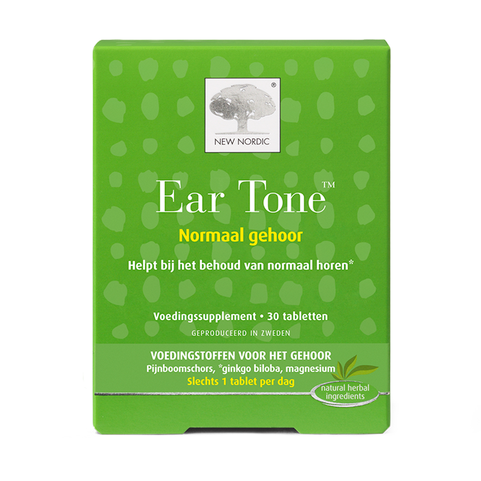 New Nordic Ear Tone™ tabletten in groene verpakking voor het behoud van normaal gehoor.
