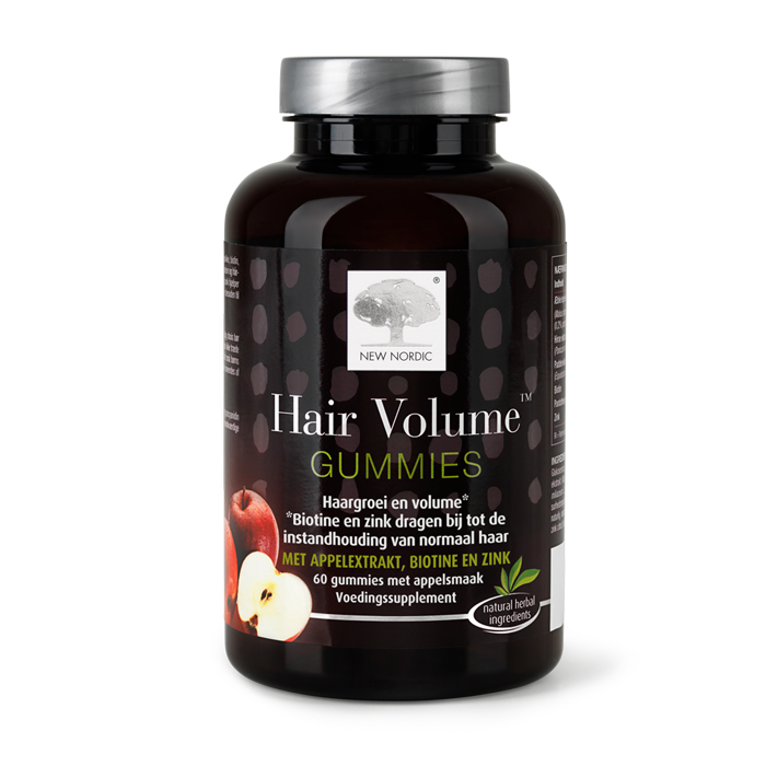 New Nordic Hair Volume™ Gummies in potverpakking, helpen haargroei en volume te ondersteunen.