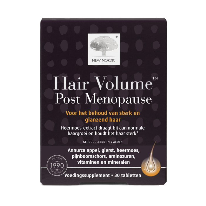 di_webpackshot_hairvolume_postmenopause_30_NL New Nordic Hair Volumeâ„¢ Post Menopause tabletten in donkere verpakking, helpen sterk en glanzend haar te ondersteunen.