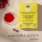 Collagen Plus™ verpakking met collageentabletten, granaatappelsap en de tekst Jouw collageentablet.