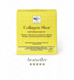 Voorkant van de Collagen Shot™ verpakking met vloeibaar collageen, vitamine C en de vermelding bestseller.