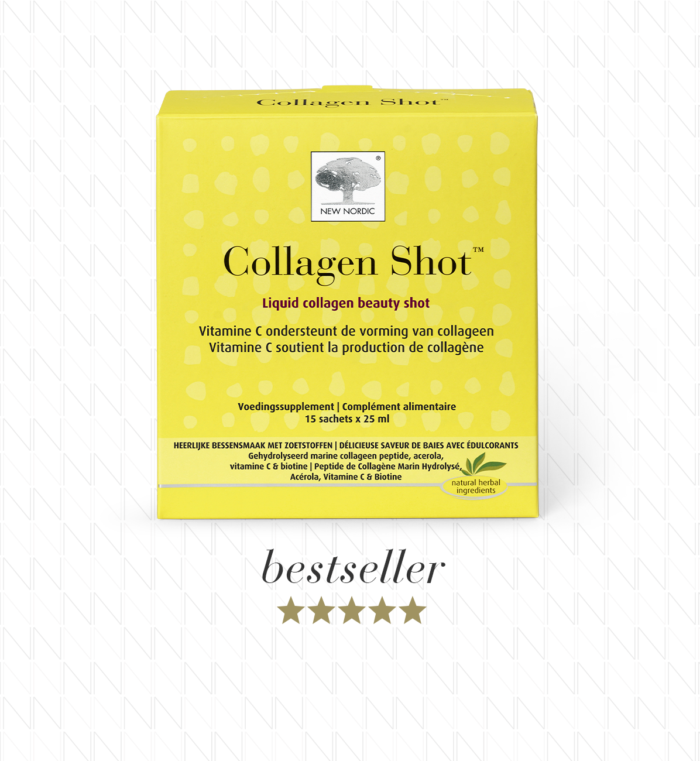 w_CollagenShot_15_Front_NL_Tile1_Boots Voorkant van de Collagen Shot™ verpakking met vloeibaar collageen, vitamine C en de vermelding bestseller.