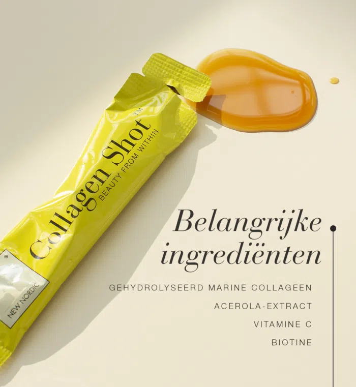 Belangrijke ingrediënten in Collagen Shot™: gehydrolyseerd marien collageen, acerola-extract, vitamine C en biotine.