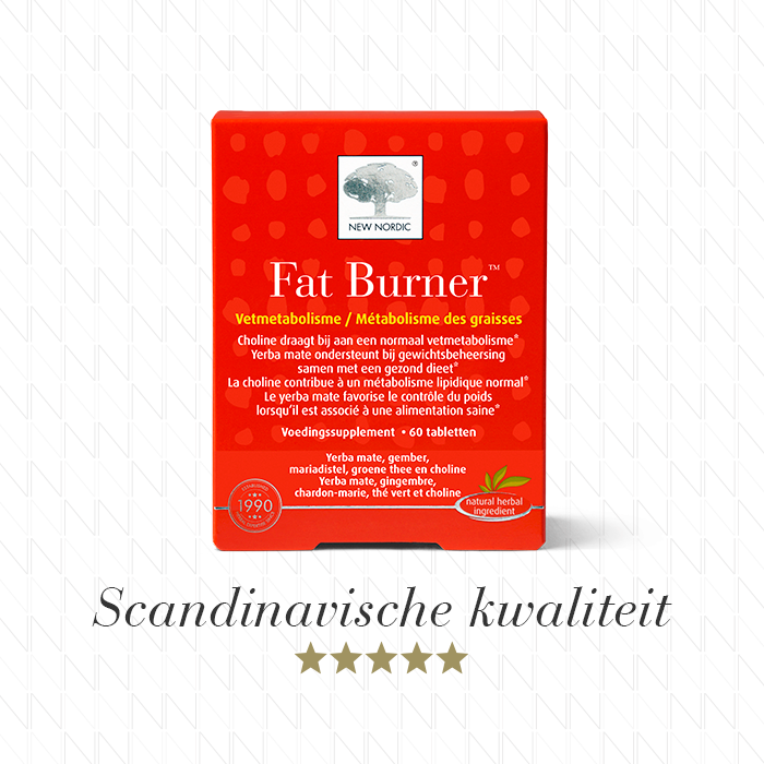 w_FatBurner_60_Front_NL_Tile1 New Nordic Fat Burner™ voor vetmetabolisme en gewichtsbeheersing, met de tekst "Scandinavische kwaliteit".