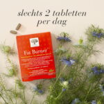 New Nordic Fat Burner™ tussen bloemen en tabletten, met de tekst "slechts 2 tabletten per dag".