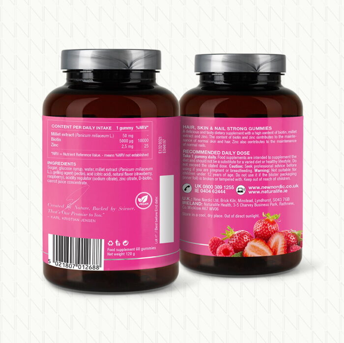 Achterkant van Hair, Skin & Nail Support™ Gummies met ingrediënten, dagelijkse dosering en voedingsinformatie.