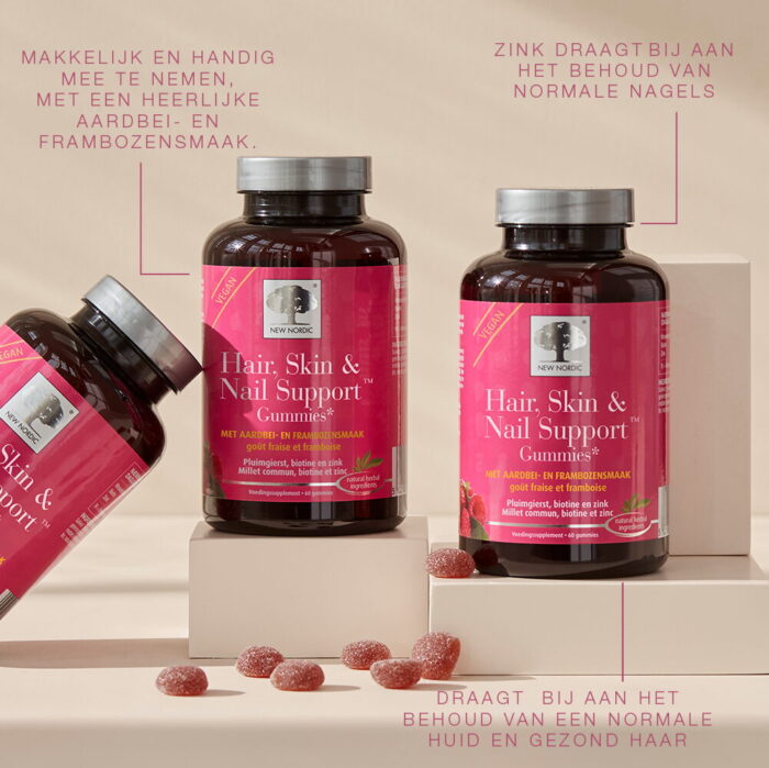 New Nordic Hair, Skin & Nail Support™ Gummies met aardbei-frambozensmaak, biotine en zink voor haar, huid en nagels.