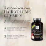 Overzicht van drie voordelen van Hair Volume™ Gummies met productverpakking op een lichte achtergrond.