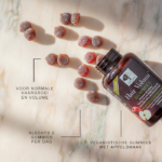 Hair Volume™ Gummies met appelvormige gummies en uitleg over haargroei, volume en veganistische appelsmaak.