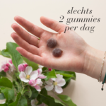 Hand met twee Hair Volume™ Gummies boven bloeiende appelbloesem, met de tekst "slechts 2 gummies per dag".