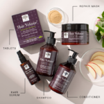 Hair Volume™ producten waaronder repair mask, tabletten, conditioner, shampoo en haarserum.