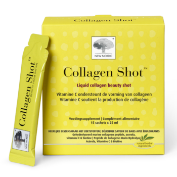 New Nordic Collagen Shots™ met marine collageen, vitamine C en biotine, helpen de huidelasticiteit te ondersteunen en rimpels te verminderen.