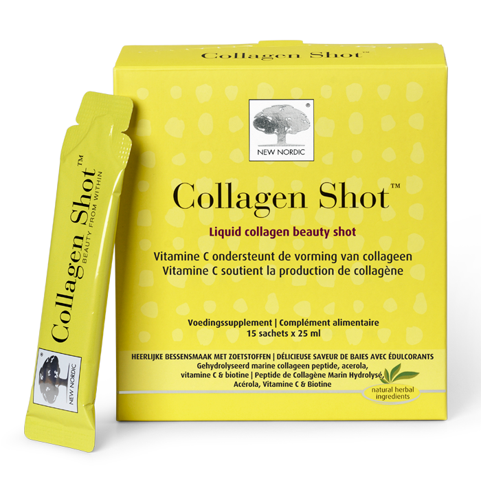 New Nordic Collagen Shots™ met marine collageen, vitamine C en biotine, helpen de huidelasticiteit te ondersteunen en rimpels te verminderen.