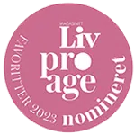 Logo met tekst Liv Pro Age Favoritter 2023 Nomineret dat de award nominatie benadrukt.