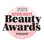 2023 Natural Health Beauty Awards finalist badge.