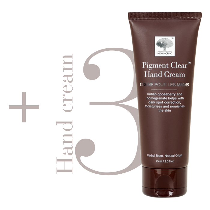 Pigment Clear™ Hand Cream weergegeven als stap 3 in een huidverzorgingsroutine, helpt een egale huidteint te ondersteunen.