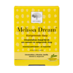 New Nordic Melissa Dream™ tabletten i gele verpakking met tekst over rustgevende slaap.