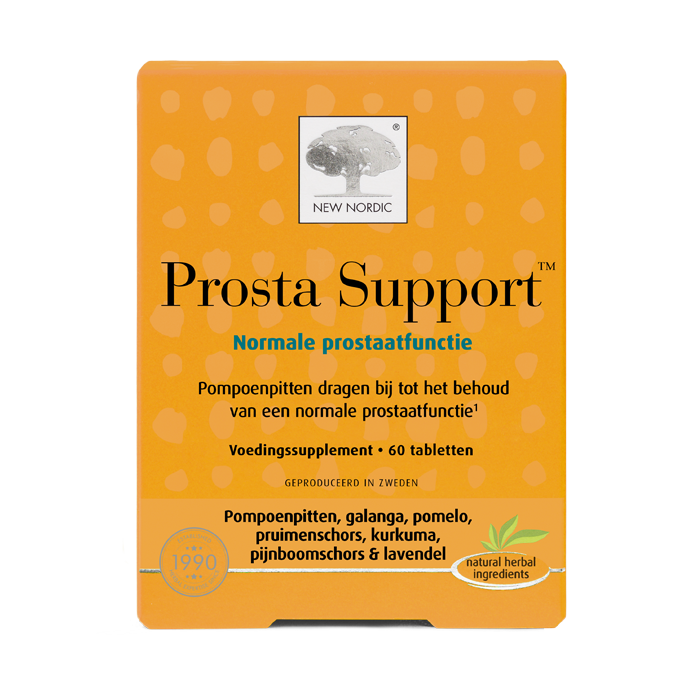 di_webpackshot_prostasupport_60_NL New Nordic Prosta Supportâ„¢ tabletten in oranje verpakking, helpen de normale prostaatfunctie te ondersteunen.