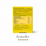 Achterzijde van New Nordic Melissa Dream™ tabletten in gele verpakking met ingrediëntenlijst en productinformatie, weergegeven als bestseller met sterren.