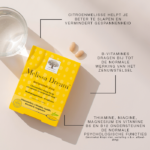 Melissa Dream™ verpakking met glas water en tabletten, met tekst over slaap en ondersteuning van het zenuwstelsel.