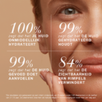 Close-up van gezicht met tekst over resultaten zoals hydratatie, voeding en minder zichtbare rimpels.