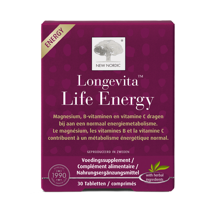Emballage Longevita™ Life Energy avec vitamines et minéraux pour aider à maintenir un métabolisme énergétique normal.