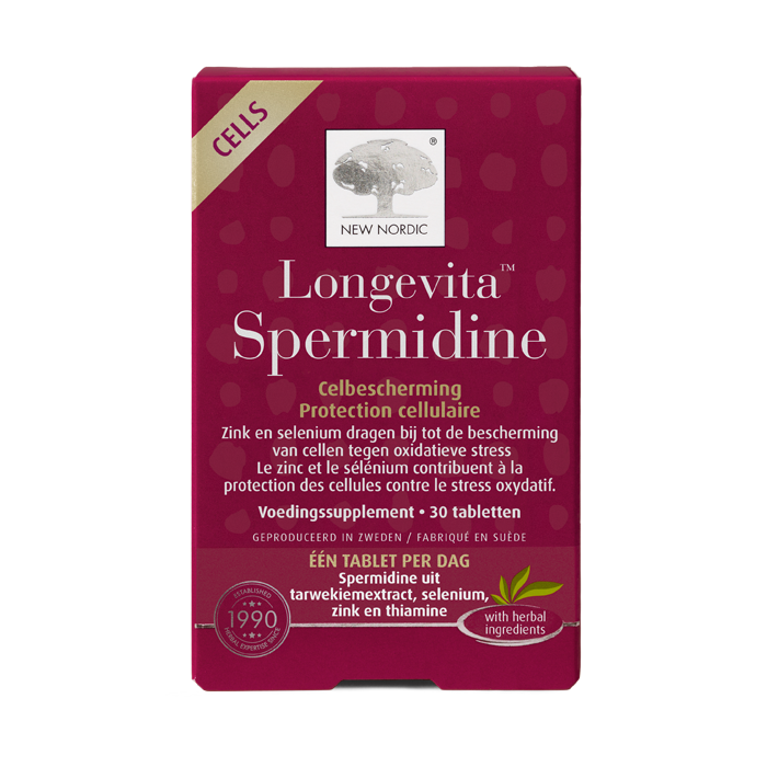 Voorkant van Longevita™ Spermidine verpakking met tarwekiemextract, helpt het behoud van celbescherming.