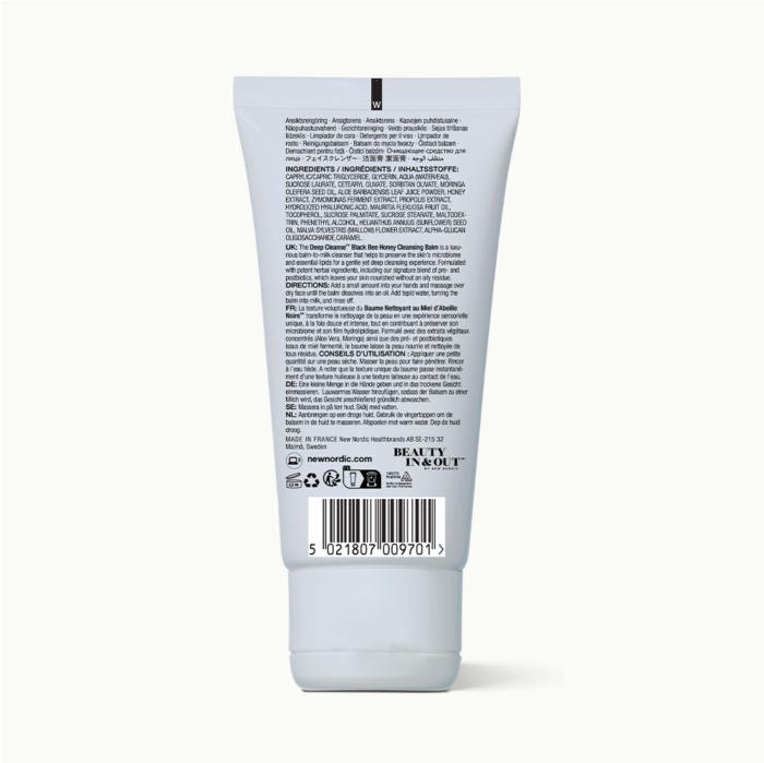 Achterzijde van Deep Cleanse™ Black Bee Honey Cleansing Balm verpakking.