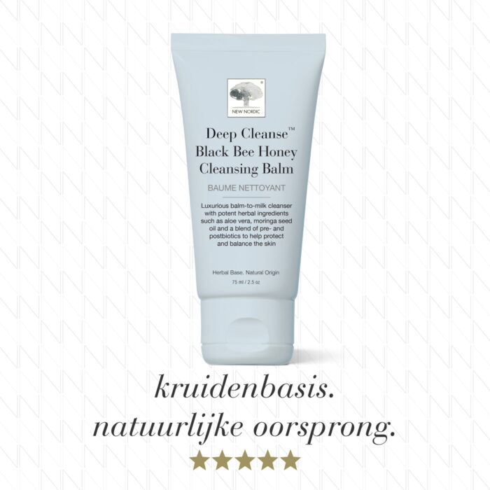 Voorkant van de verpakking van Deep Cleanse™ Black Bee Honey Cleansing Balm met de vermelding Kruidenbasis. Natuurlijke oorsprong.