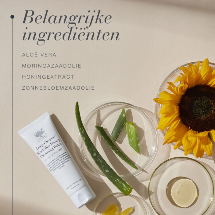 Belangrijke ingrediënten in Deep Cleanse™ Black Bee Honey Cleansing Balm: aloë vera, moringazaadolie, honingextract en zonnebloemzaadolie.