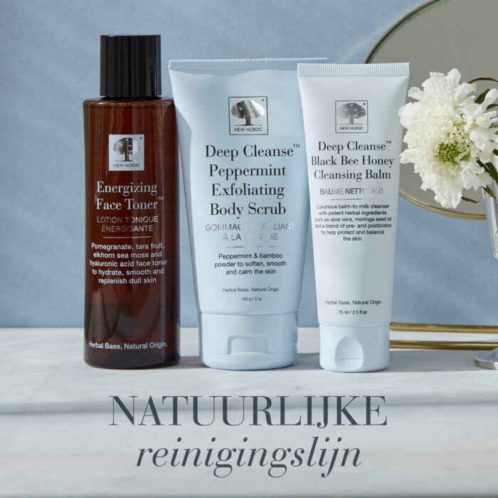 Deep Cleanse™ reinigingslijn met Energizing Face Toner, Peppermint Exfoliating Body Scrub en Black Bee Honey Cleansing Balm.